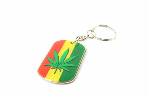 Porte-Clés Métallique Chromé Rasta Reggae Feuille Cannabis Noire et Verte