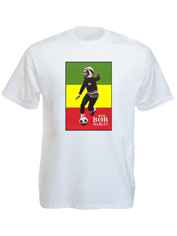 T-Shirt Blanc Bob Marley Joueur de Football Drapeau Rasta