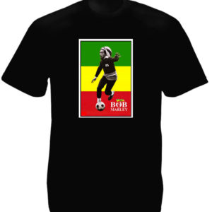 T-Shirt Noir Bob Marley Joue Football Drapeau Rasta Vert Jaune et Rouge