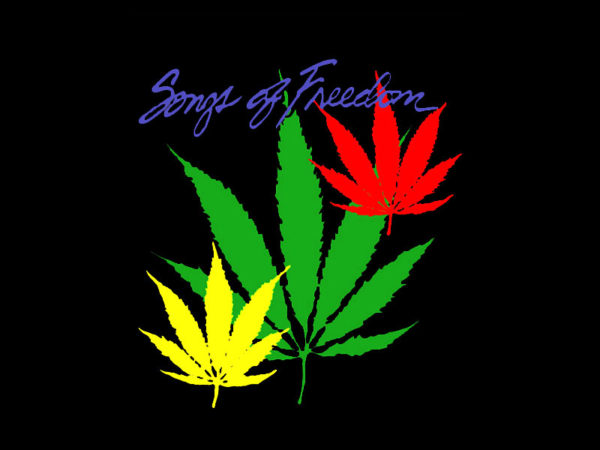 T-Shirt Noir Feuilles Ganja Marijuana Vert Jaune Rouge Songs Of Freedom