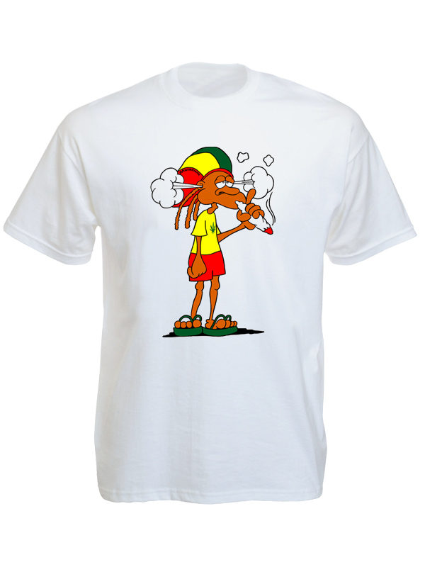 T-Shirt Blanc Rasta Baba Cool Fumeur de Joint d'Herbe Cannabis