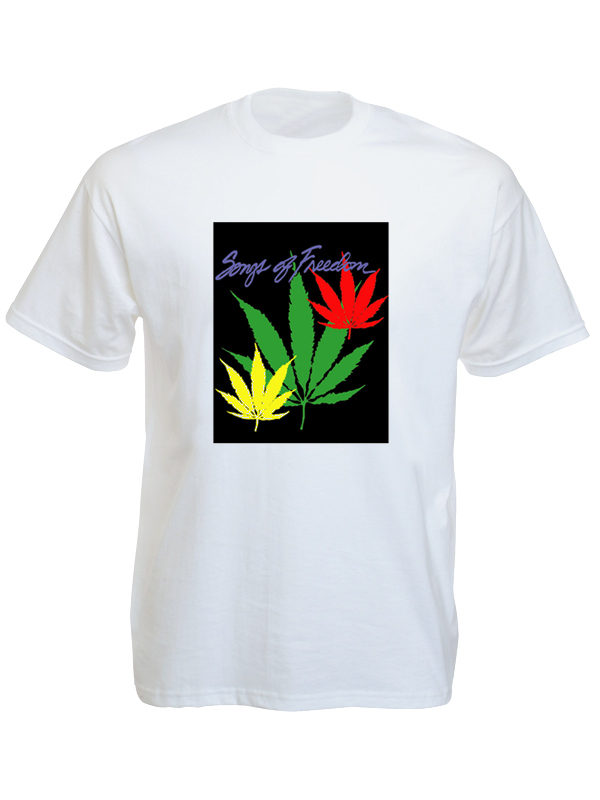 T-Shirt Blanc Reggae Songs of Freedom Feuille de Weed Ganja Rasta
