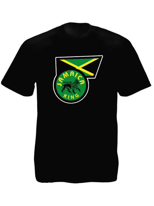 T-Shirt Noir Manches Courtes Drapeau de la Jamaïque Frappé du Lion de Juda
